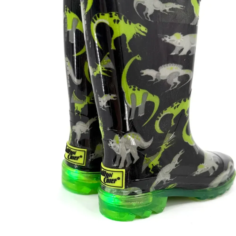 Western Chief Black Neon Green Dinosaur Light Up Waterproof Rain Boots